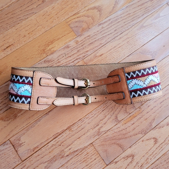 Anthropologie Brown Leather Belt Embroidered double buckle - Picture 2 of 11